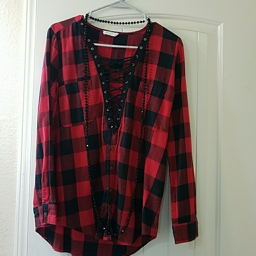 Plaid Lace Up Top